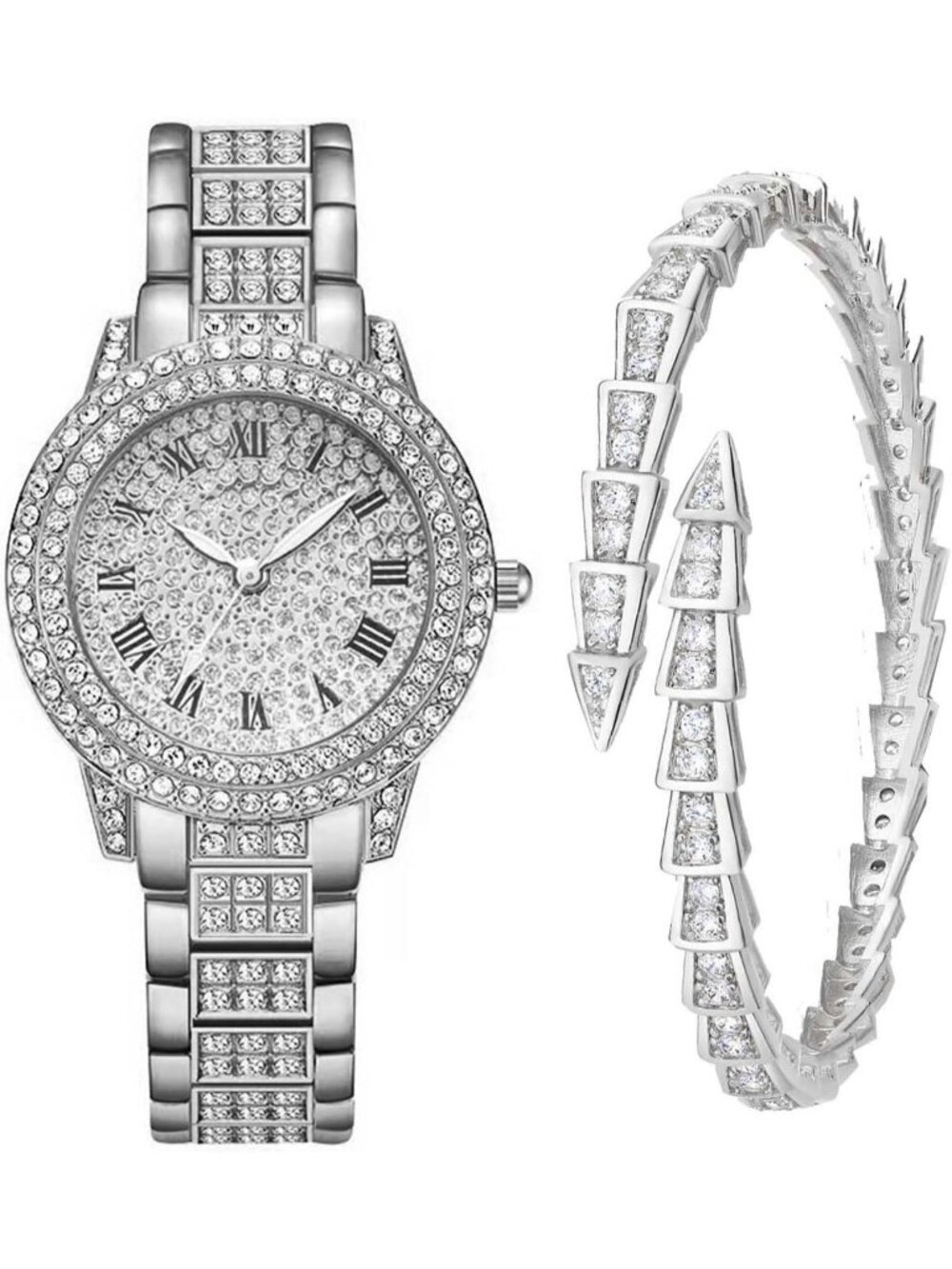 Women's Silver Full Diamond Bling Rhinestone Quartz Crystal Ladies Wrist Watch